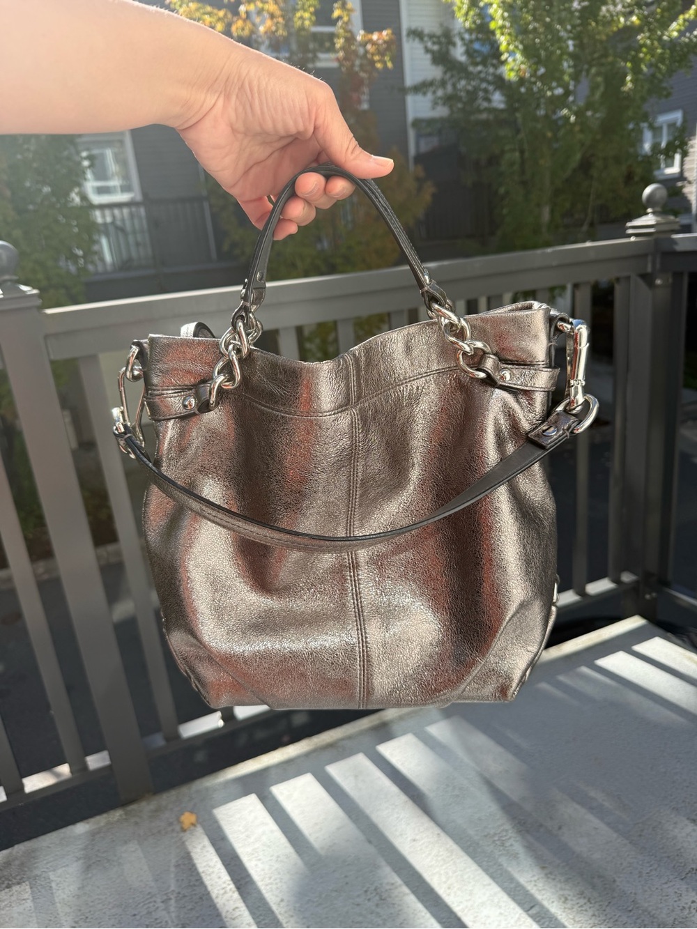 Coach Metallic Pewter Leather Tote Bag with Chain Handles